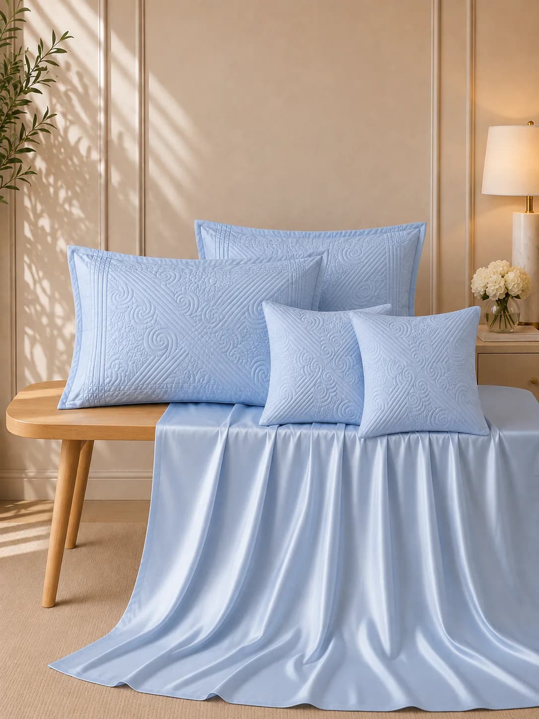 NAKSHI 300TC HAND QUILTED 5 PC SUPER KING BEDDING SET | PASTEL BLUE