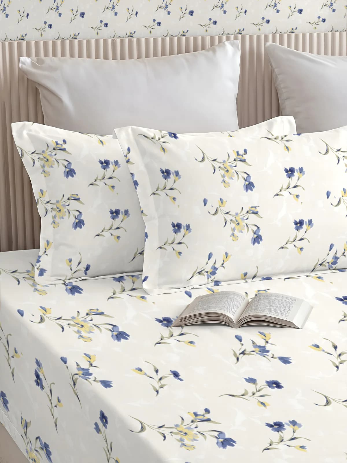 QHxHOMCOT Botanical Pastel Tones 100% Pure Cotton Percale Queen 3Pc Bedding Set | 90x100 Inches
