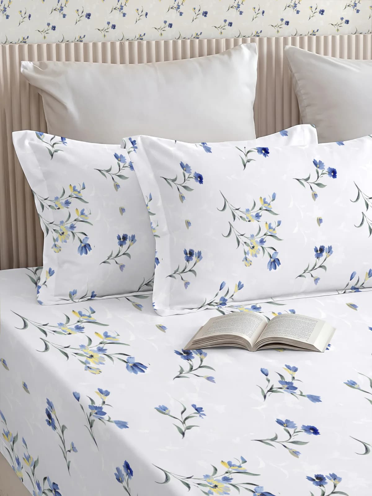 QHxHOMCOT Botanical Pastel Tones 100% Pure Cotton Percale Queen 3Pc Bedding Set | 90x100 Inches