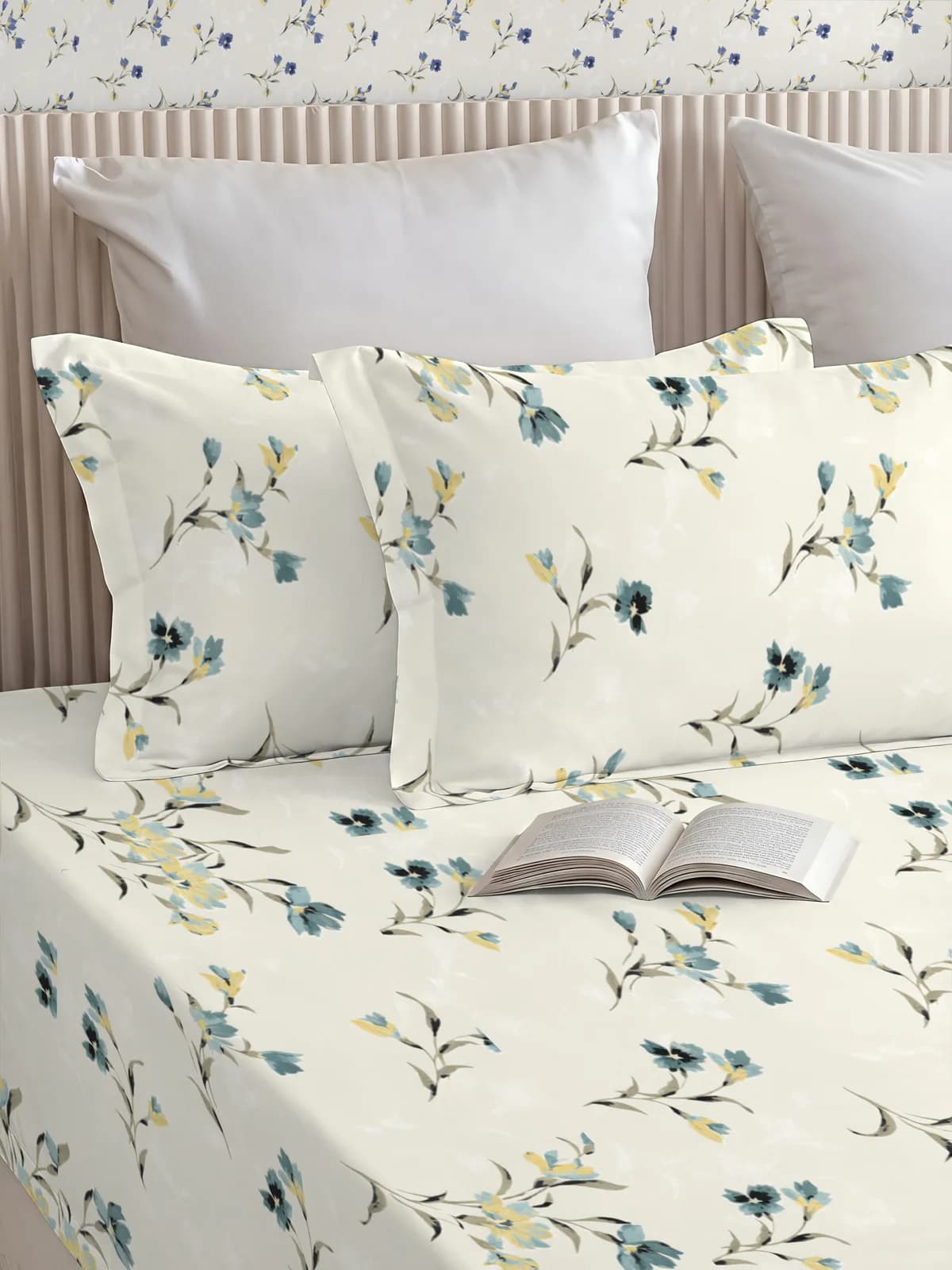 QHxHOMCOT Botanical Pastel Tones 100% Pure Cotton Percale Queen 3Pc Bedding Set | 90x100 Inches