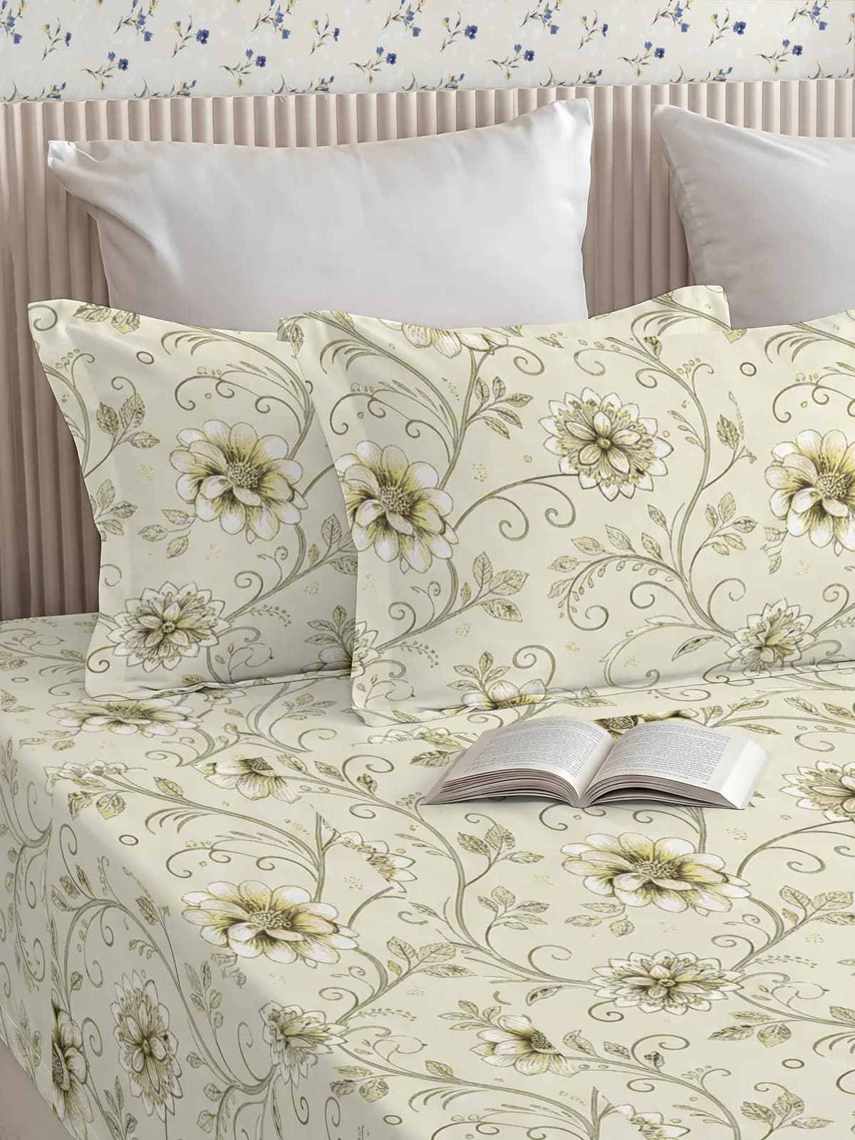 QHxHOMCOT Floral Vines 100% Pure Cotton Percale Super King 3Pc Bedding Set | 110x112 Inches