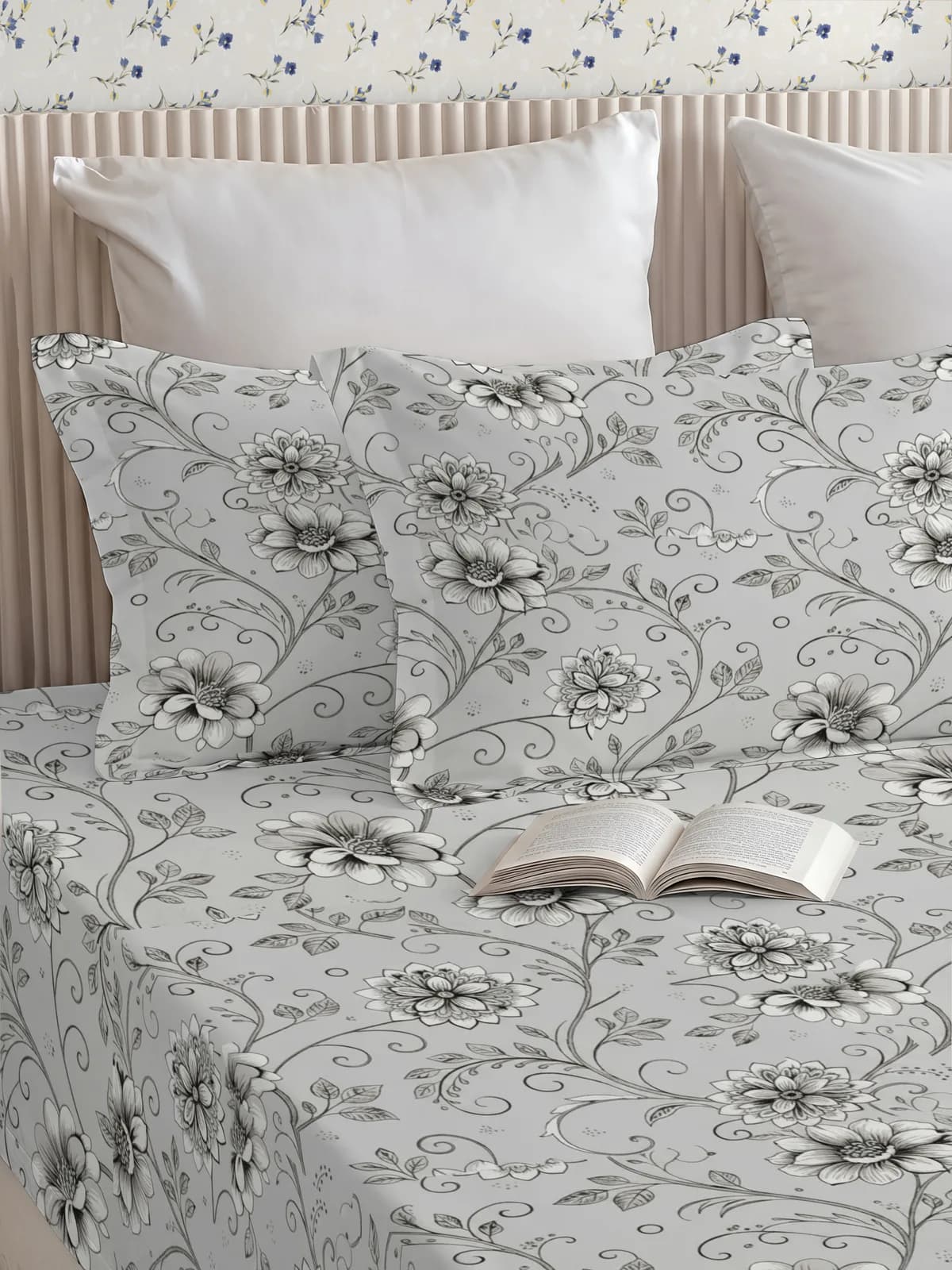 QHxHOMCOT Floral Vines 100% Pure Cotton Percale Super King 3Pc Bedding Set | 110x112 Inches