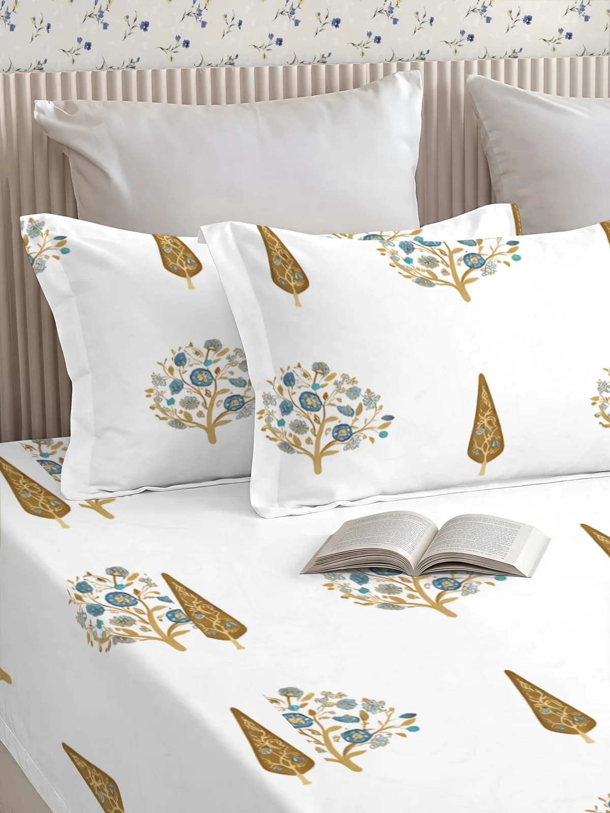 QHxHOMCOT Hand Block Prints 100% Pure Cotton Percale Queen 3Pc Bedding Set | 90x100 Inches