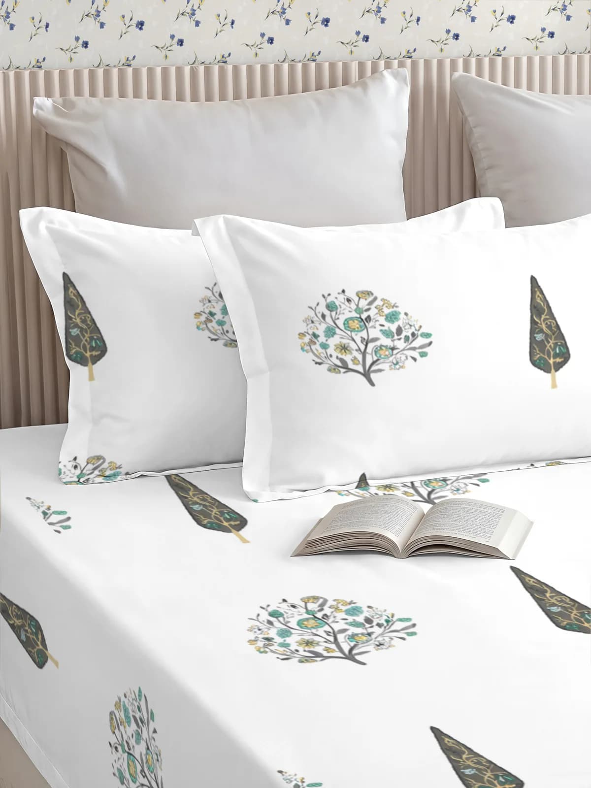 QHxHOMCOT Hand Block Prints 100% Pure Cotton Percale Queen 3Pc Bedding Set | 90x100 Inches