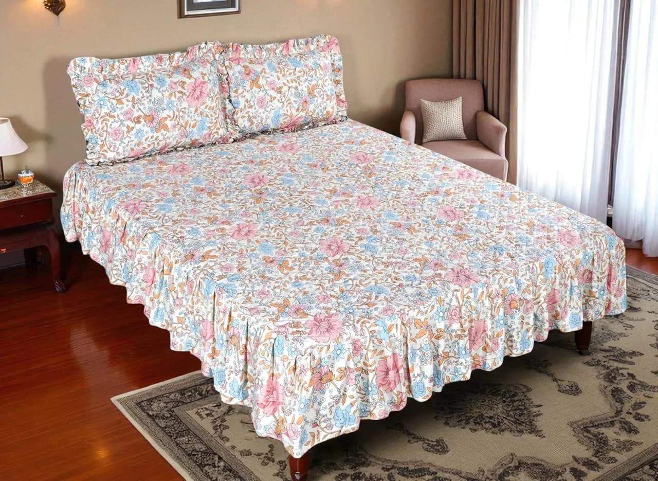 Quilted Double Bed Fitted Bedcover with Frills
