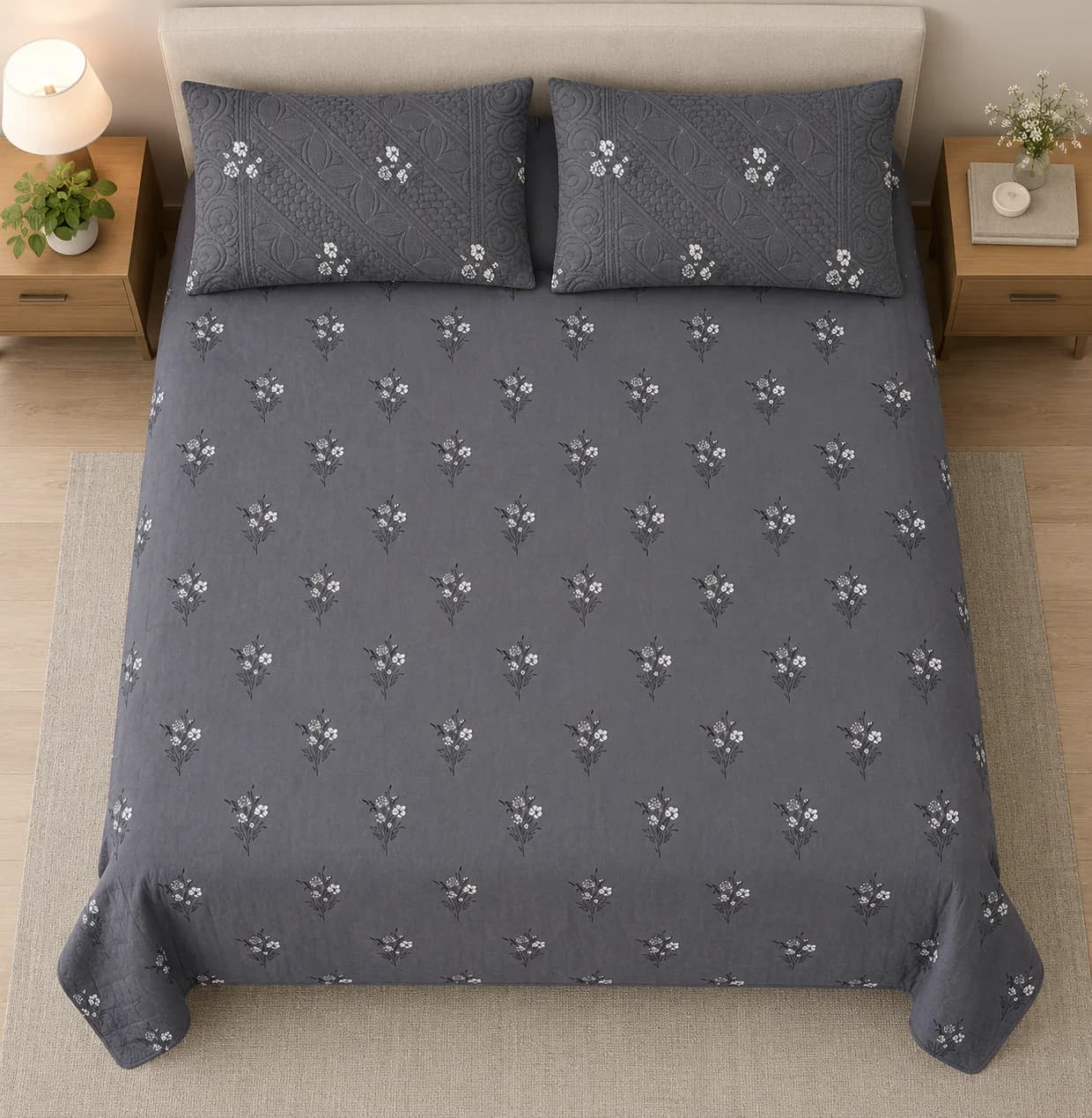 Hand Quilted 100% Pure Cotton King 3Pc Bedding Set