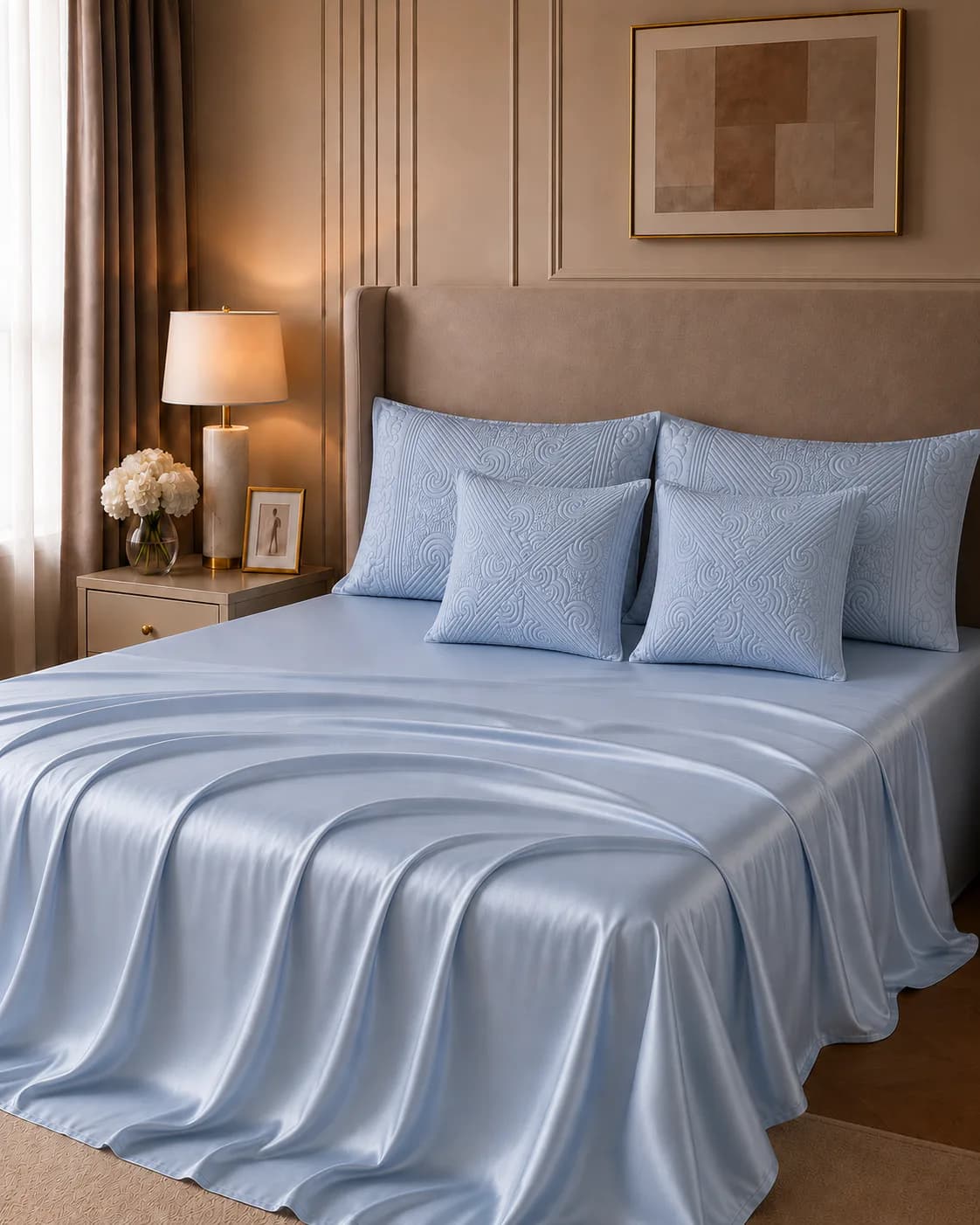 Nakshi Hand Quilted 300TC Cotton Satin Super King Bedding Set (Pastel Blue) - Five Piece Set